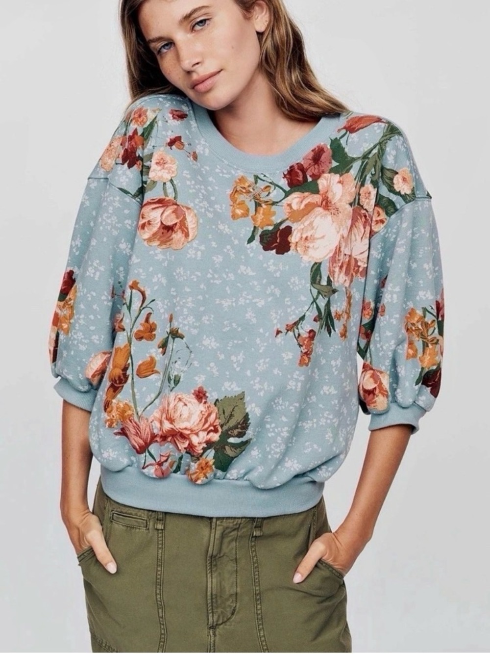 Pilcro Niki Blue Floral Puff-Sleeve Sweatshirt Size S